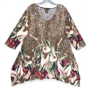 Valentina Leopard Floral Tunic Top Sz L V-Neck 3/4 Sleeve Rhinestones Bohemian